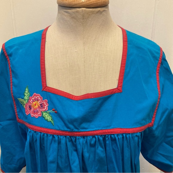 Bechamel bright blue embroidered square neck short sleeve summer peasant dress L - Picture 3 of 16